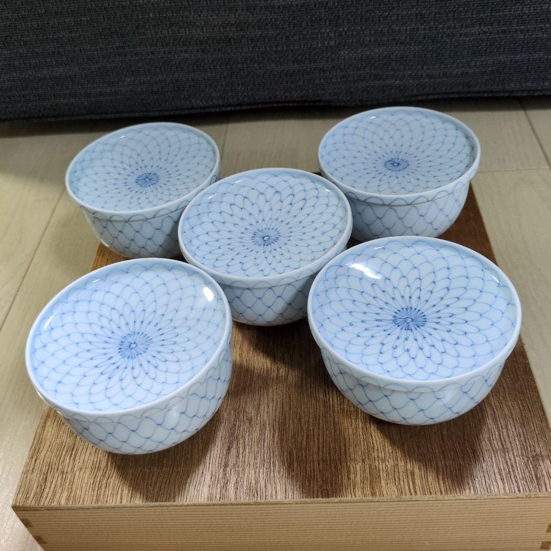 有田焼福峰窯　手描き 内外網目　蓋付き湯呑み　５客