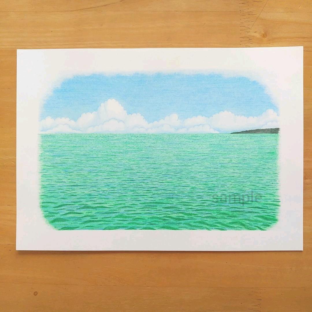 絵画色鉛筆風景画『沖縄の海』原画