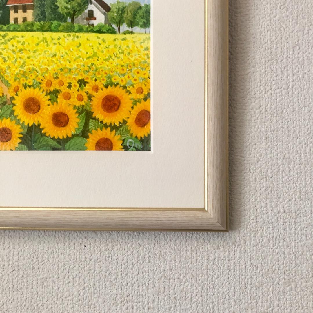 アクリル画　原画　「ひまわりの丘08」額縁付　SMサイズ　風景画