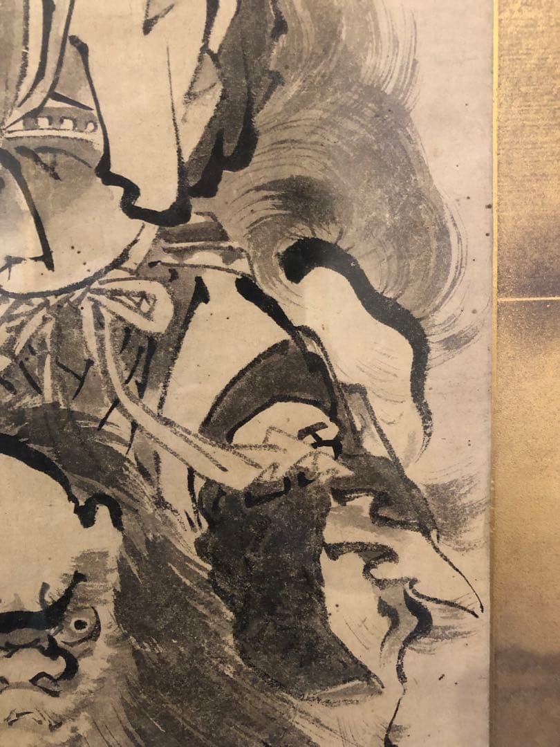水墨画 武士と獅子 金箔背景　葛飾北斎