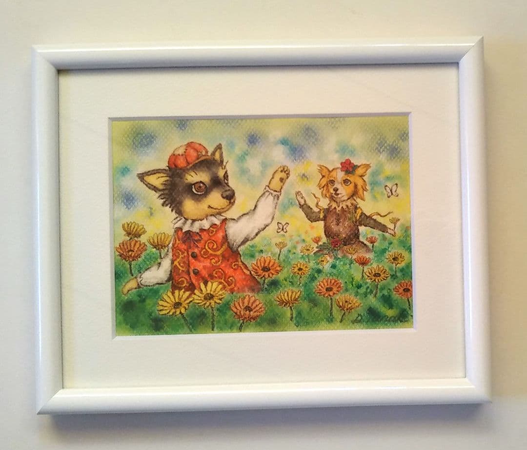 特別価格★【原画】『ディモルフォセカ』（花　植物　犬　チワワ　パピヨン　癒し）