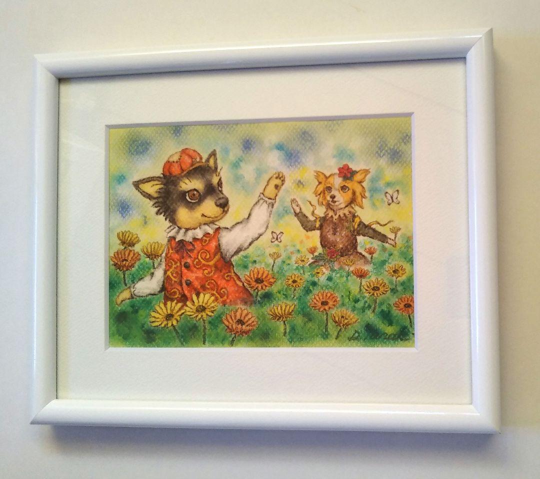 特別価格★【原画】『ディモルフォセカ』（花　植物　犬　チワワ　パピヨン　癒し）