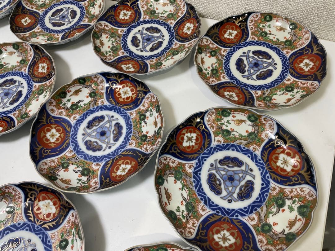 【現状品】古伊万里 金彩 色絵 染付 陶器 花柄 中皿 割烹 懐石 10枚 ②