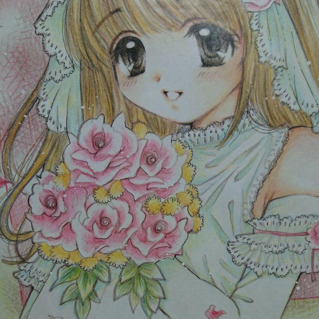 不明 美少女直筆イラスト色紙 コミックマーケット 手描きイラスト ウエディング