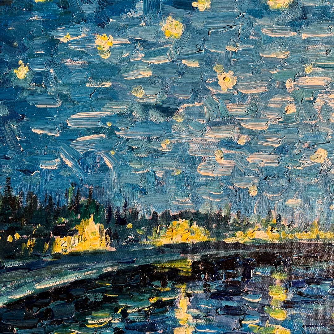 ★秀作★ 手書き油絵 ゴッホ ローヌ川の星月夜 肉筆絵画 額付き 油彩画