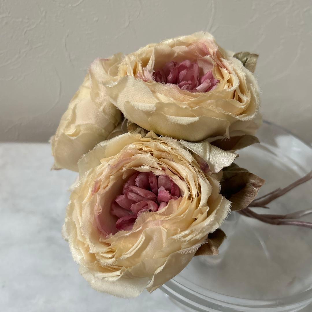 【染め花】オールドローズ　3本　花びら120枚爛漫の薔薇　ハンドメイド