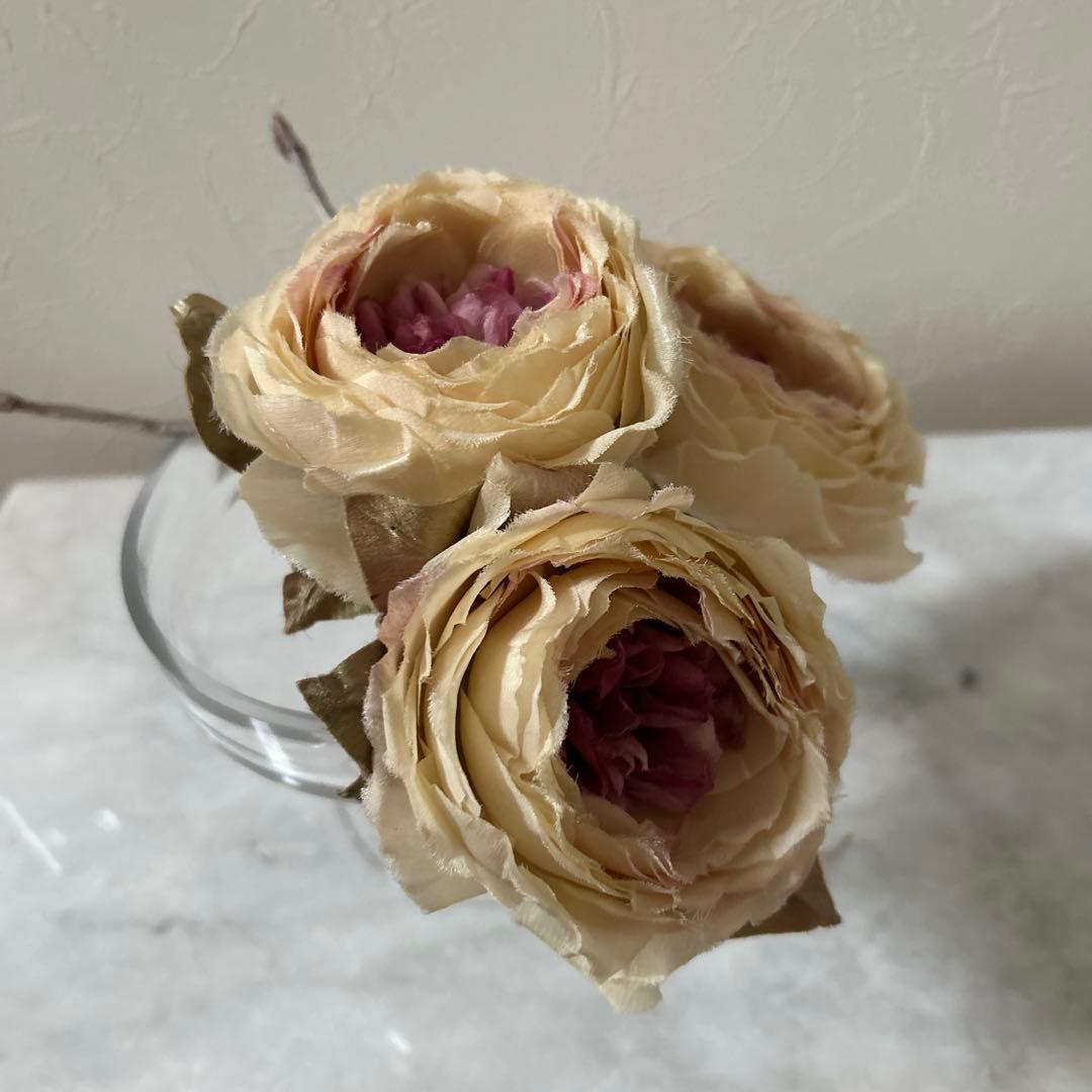 【染め花】オールドローズ　3本　花びら120枚爛漫の薔薇　ハンドメイド