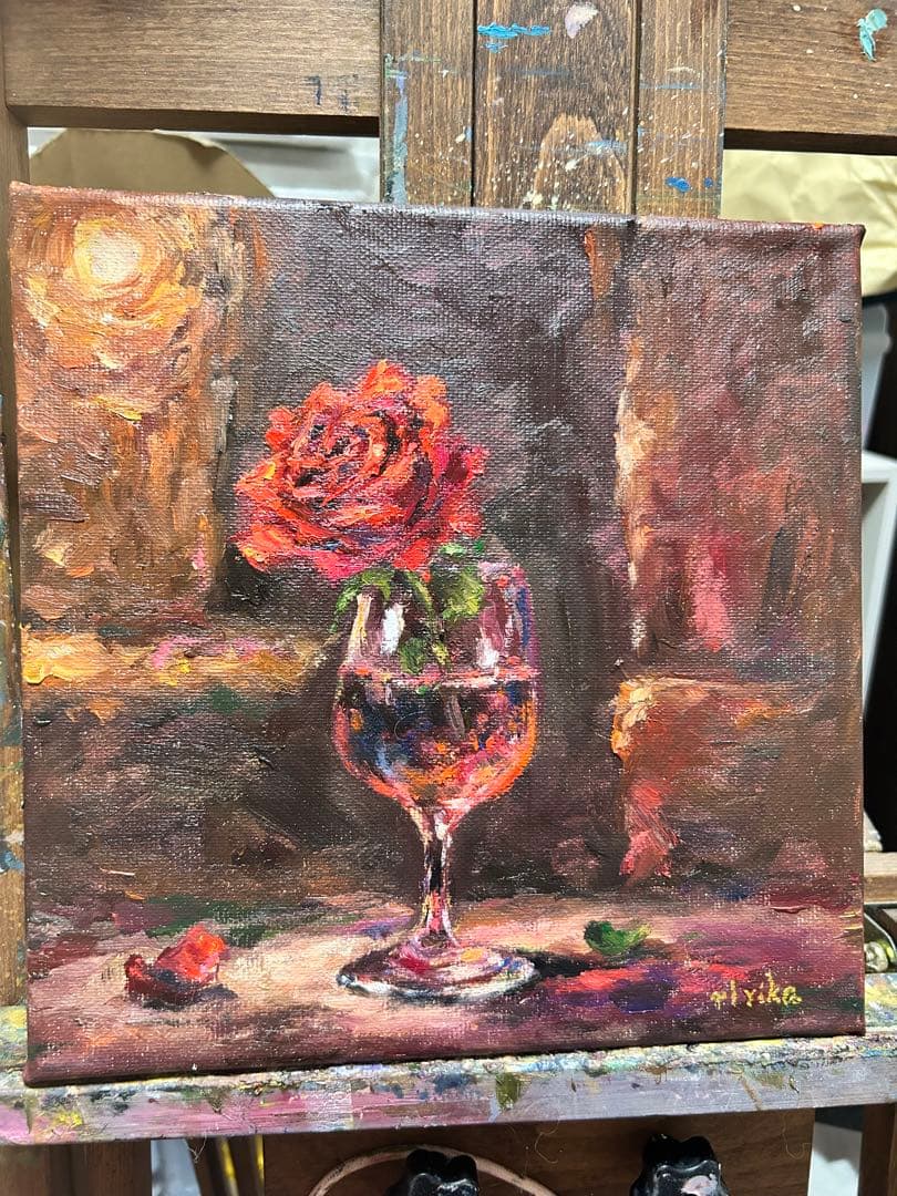 バラの花とグラスの油彩画