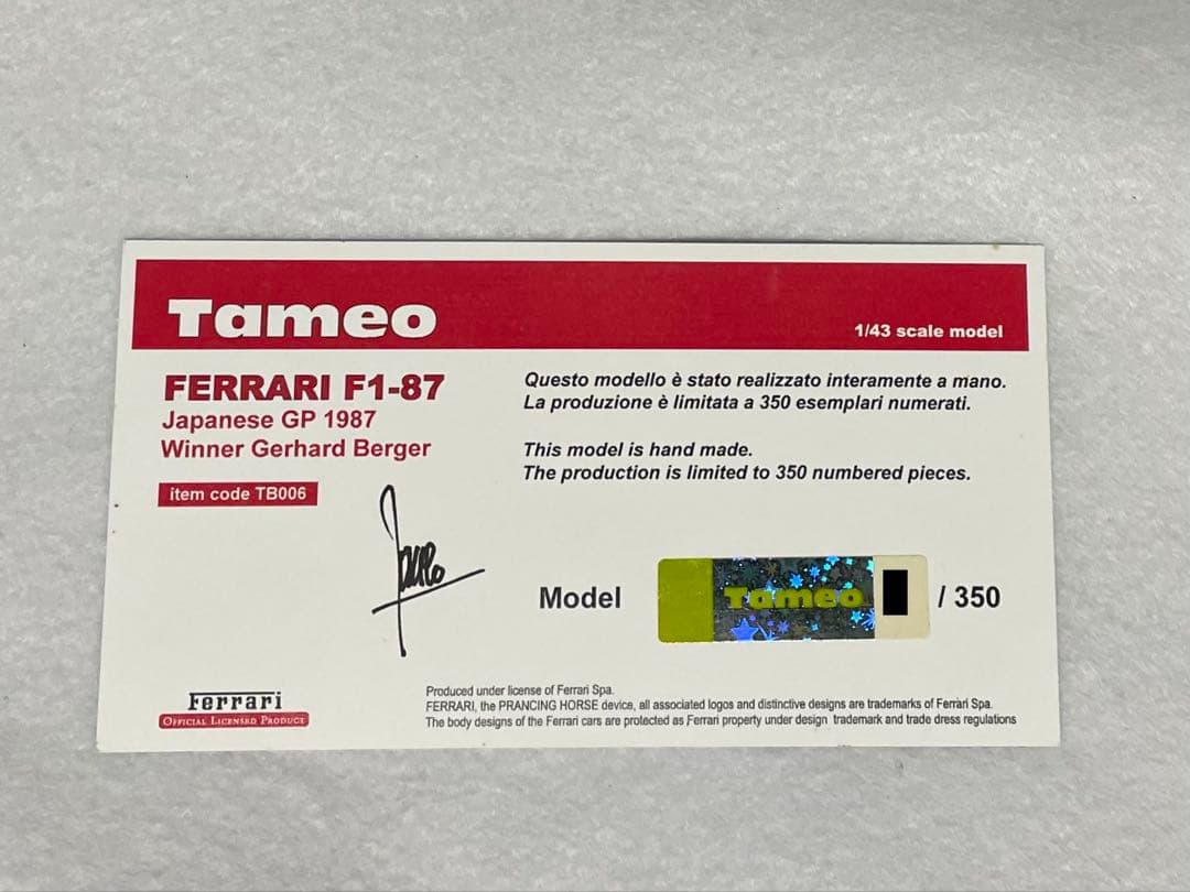 TAMEO 1/43 フェラーリ F187 ベルガー 1987年 F1 希少