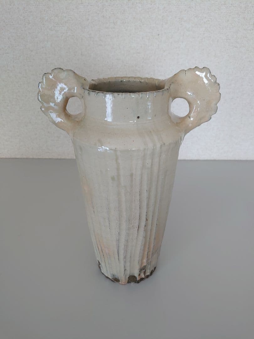 吉田明(物故)作 銘「貴焔」粉引耳付花生 / 共箱