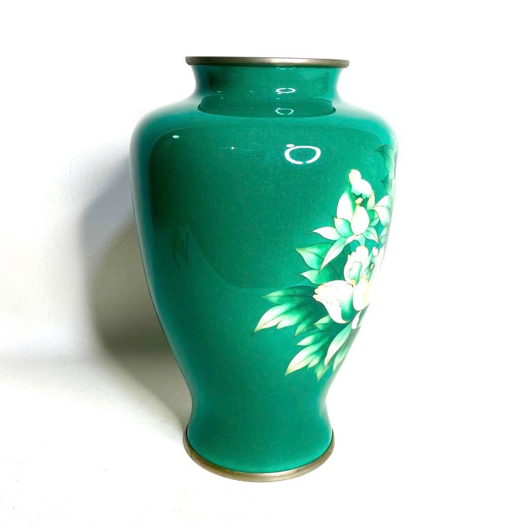 『美術七宝焼』　花瓶　緑牡丹　壺　陶磁器　花柄