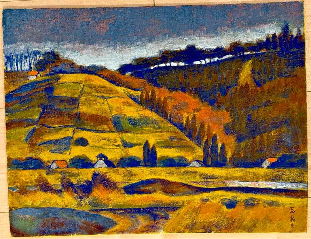 油彩風「暮色」風景画 額装 田園風景 インテリア 絵画 #240-1