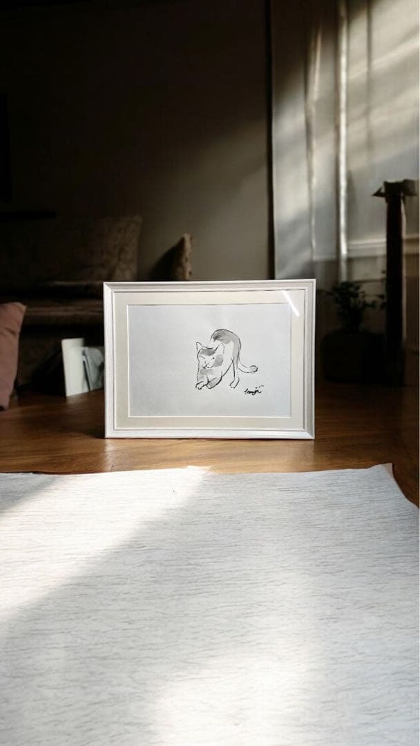 伸びる猫｜墨画 原画｜B4 額装作品｜一点物｜2025