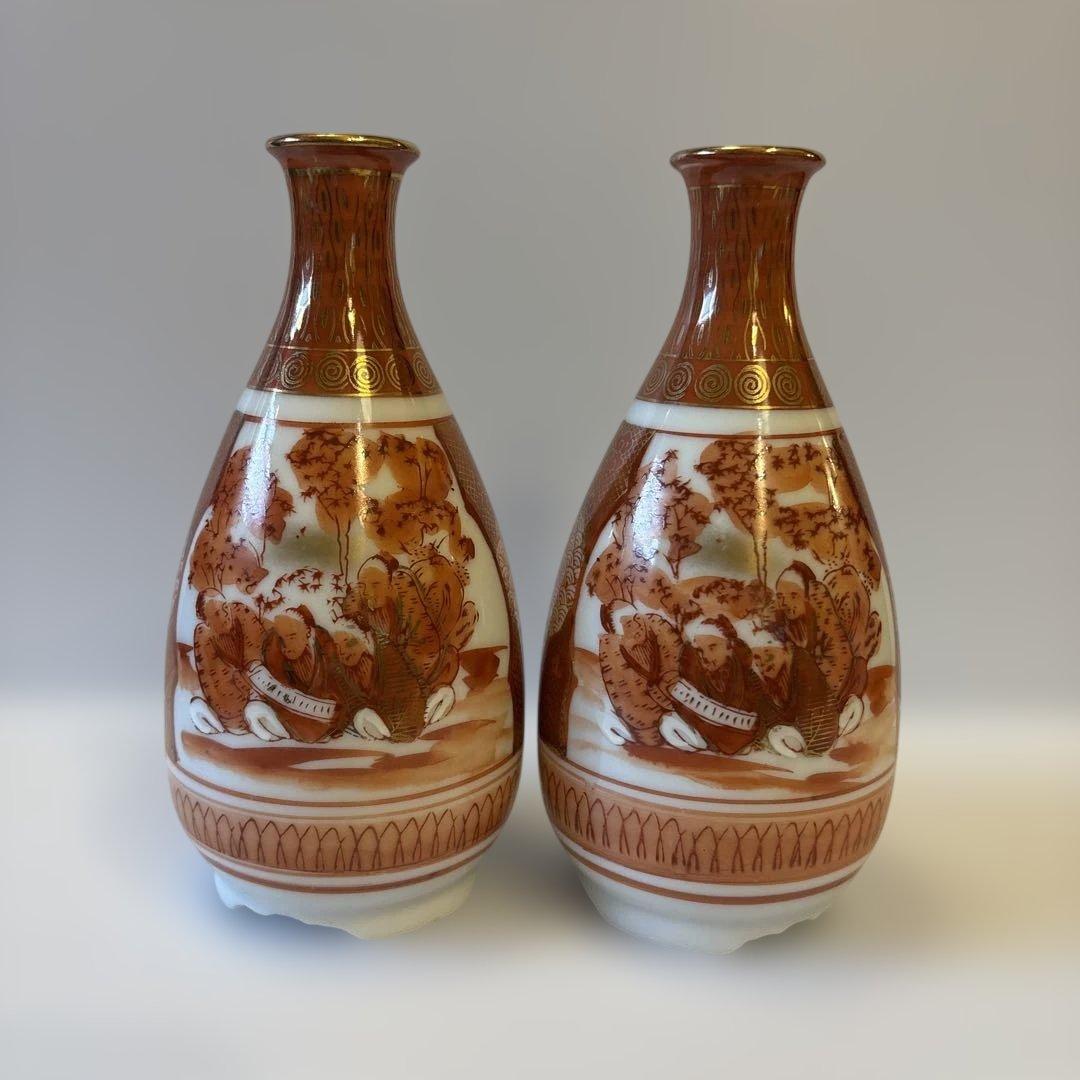 明治九谷 九谷焼 庄三様式 赤絵金彩 人物山水図 徳利 一対【2本】高さ14cm