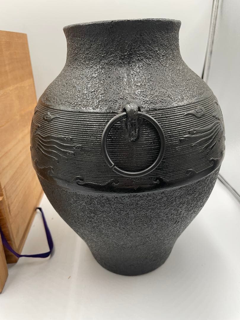 山形鋳物 佐藤徳秀作 鳳凰文 鋳鉄製花瓶 共箱付