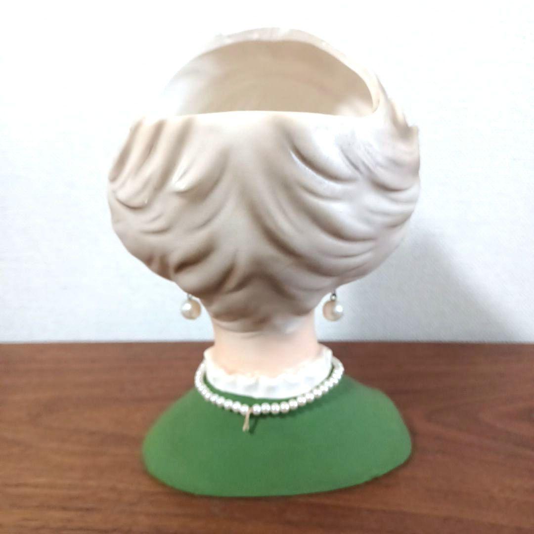 ビンテージ レディヘッドベース 陶器製置物花瓶　緑色のドレスにパールのネックレス