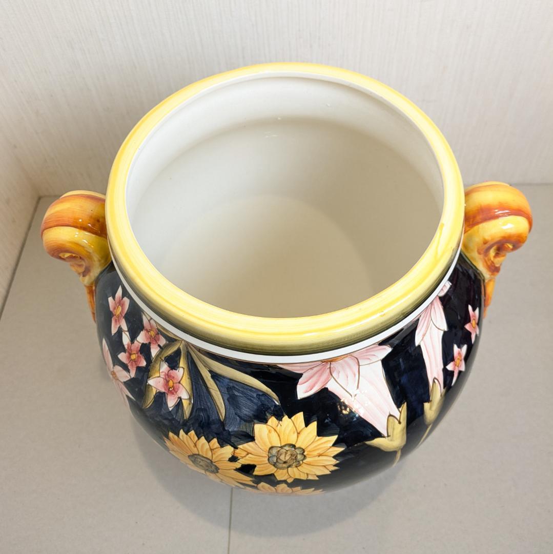 【イタリア製】 ハンドペイント フラワーベース 壷 花瓶 陶器製 双耳花瓶 花柄