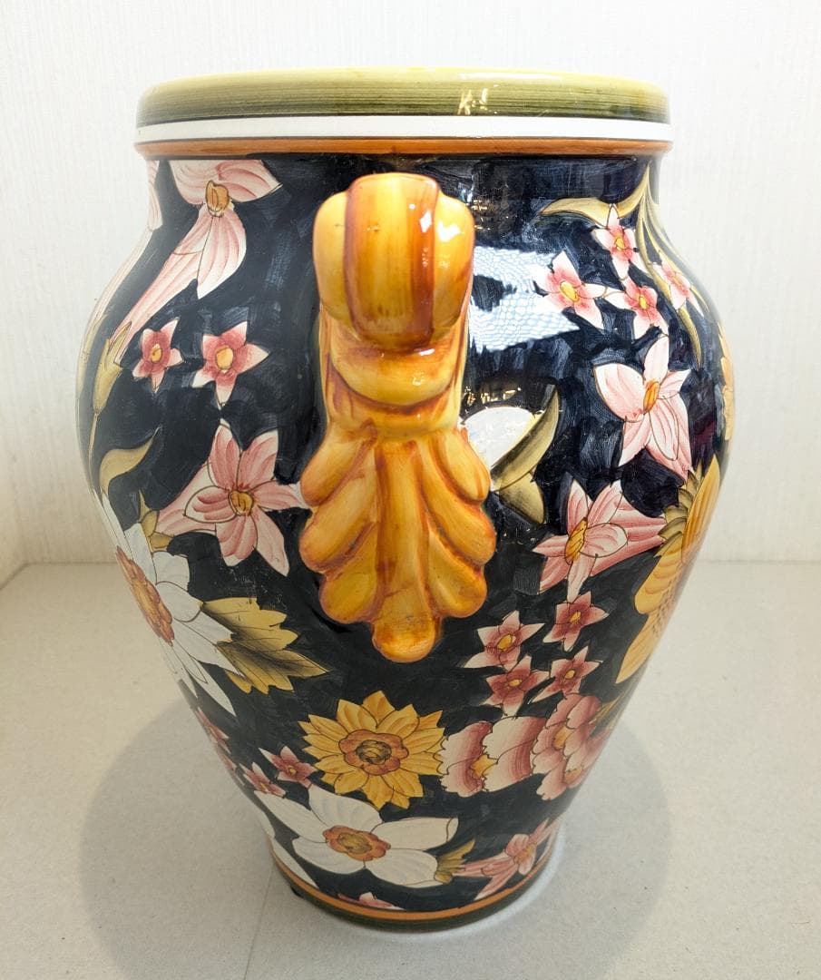 【イタリア製】 ハンドペイント フラワーベース 壷 花瓶 陶器製 双耳花瓶 花柄