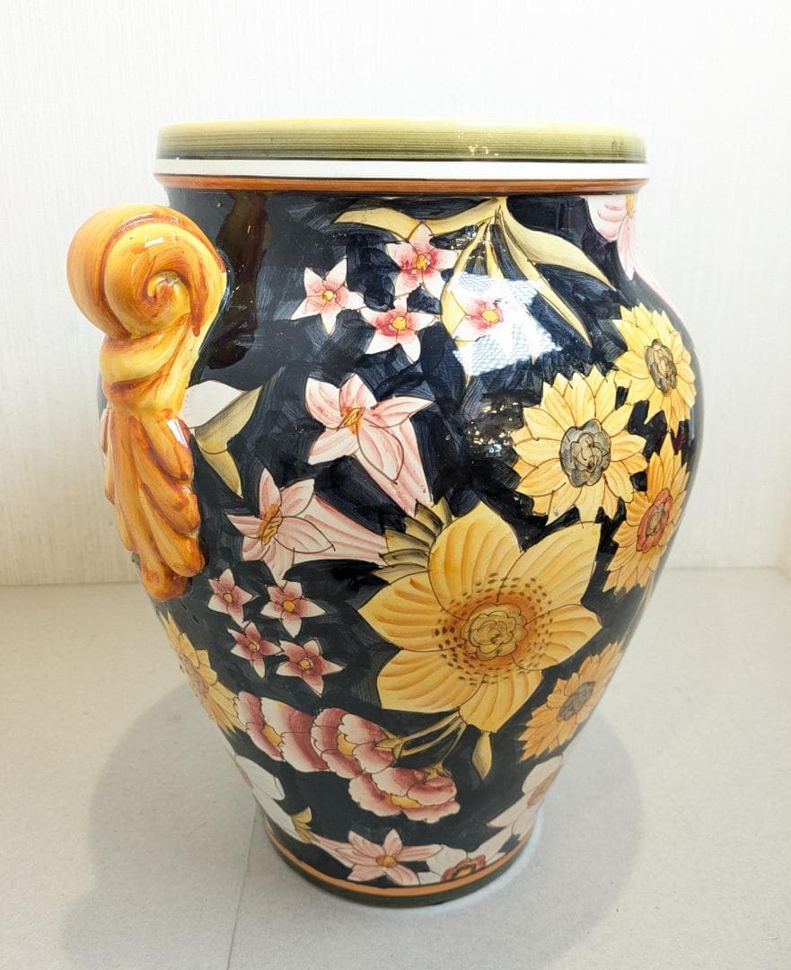 【イタリア製】 ハンドペイント フラワーベース 壷 花瓶 陶器製 双耳花瓶 花柄