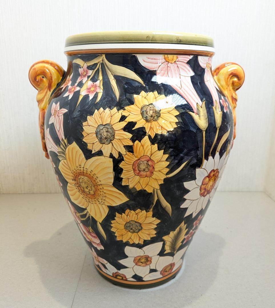 【イタリア製】 ハンドペイント フラワーベース 壷 花瓶 陶器製 双耳花瓶 花柄