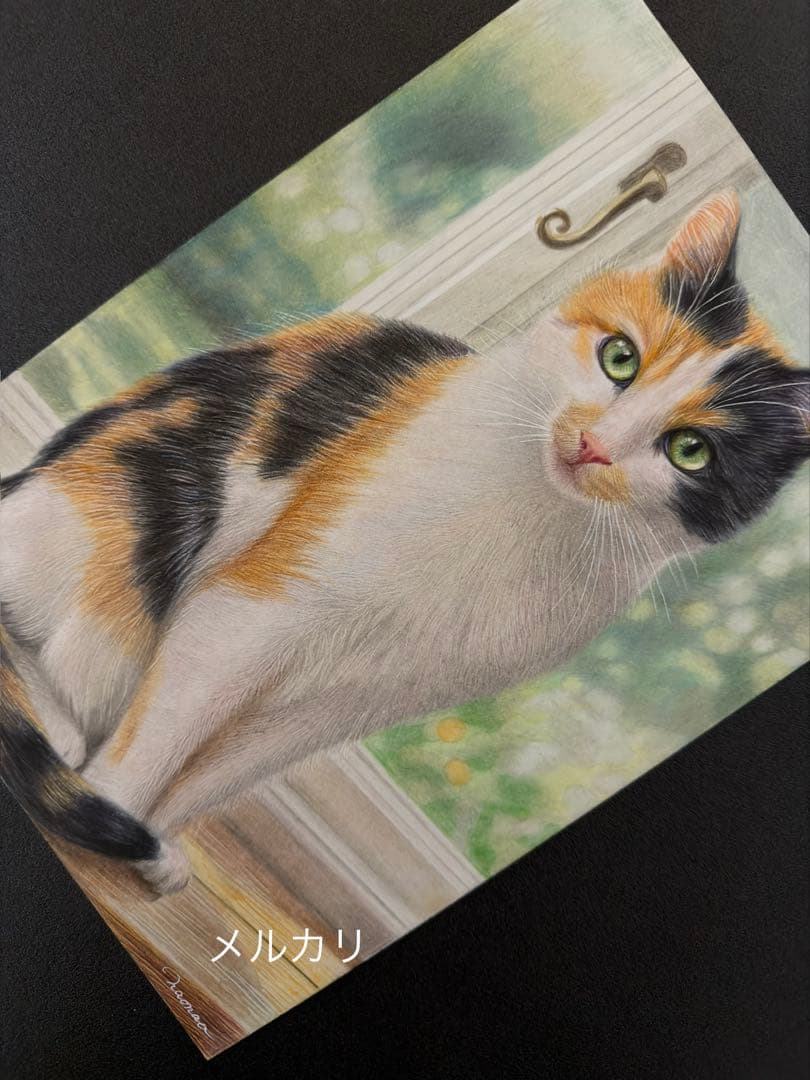 色鉛筆画 A4窓辺の三毛猫