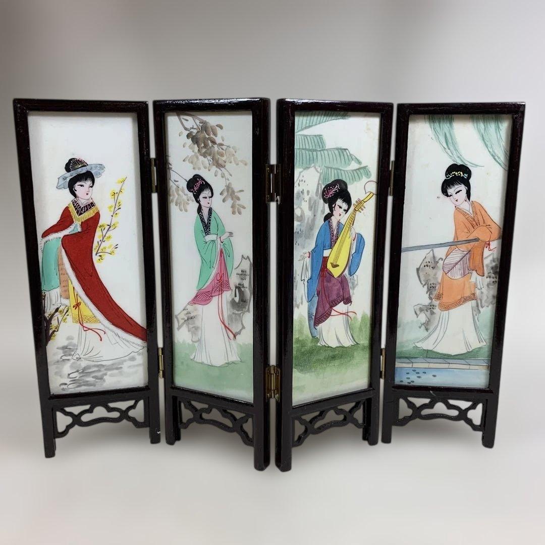 中国古玩　白雲石製品　四面硯屏 表花図 裏美人図 MARBLE ARTICLES
