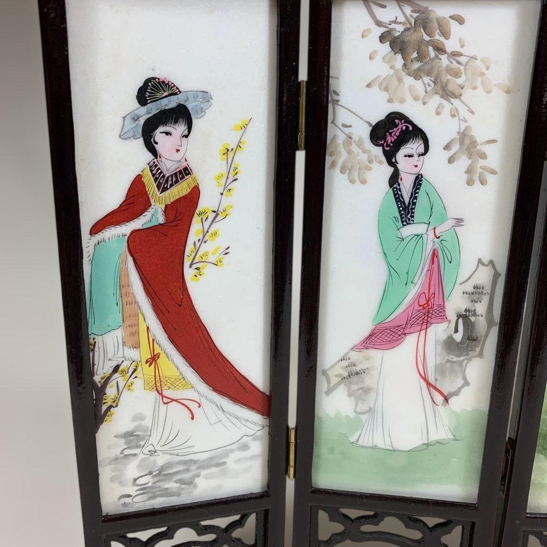 中国古玩　白雲石製品　四面硯屏 表花図 裏美人図 MARBLE ARTICLES