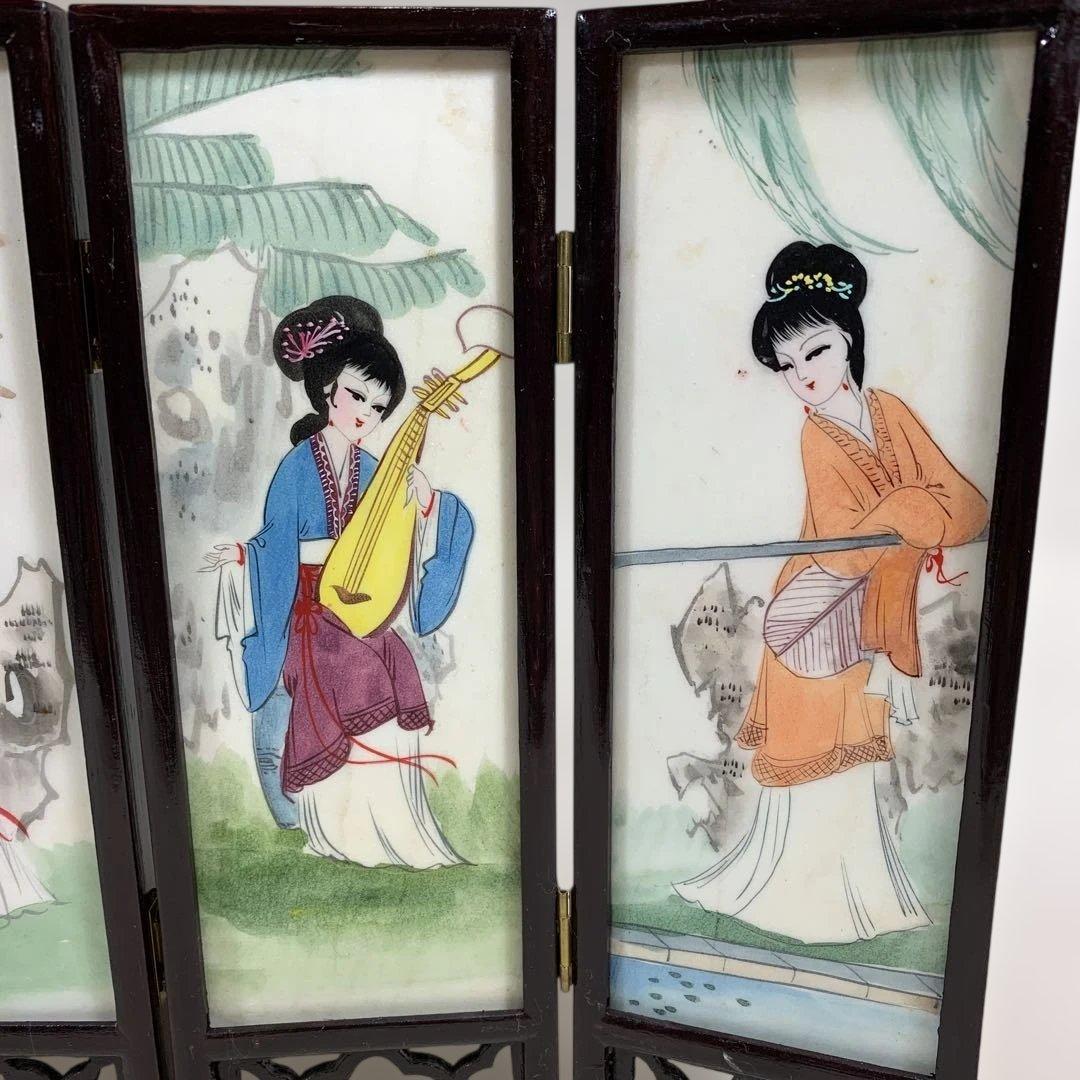 中国古玩　白雲石製品　四面硯屏 表花図 裏美人図 MARBLE ARTICLES