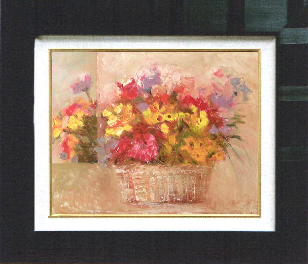 油絵 菅家令子 絵 絵画インテリア額付(青緑＋金色の枠) uF6-110302花