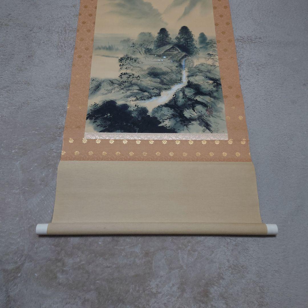 【祖父遺品整理】山水画 掛軸 青白　田舎風景