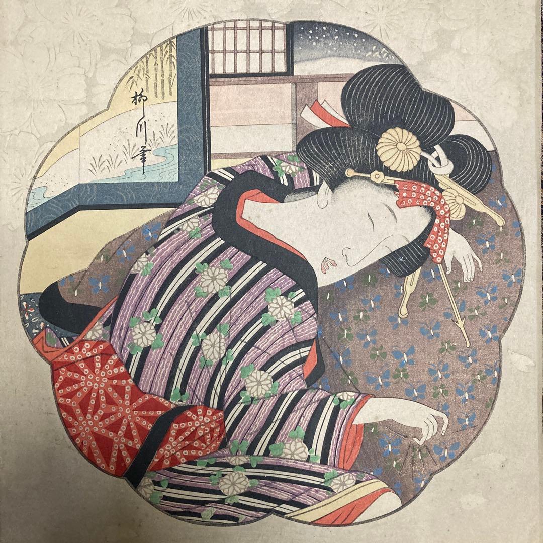 葛飾北斎門人　柳川重信　美人画木板　　　額44.5×41.5￼絵27×24cm