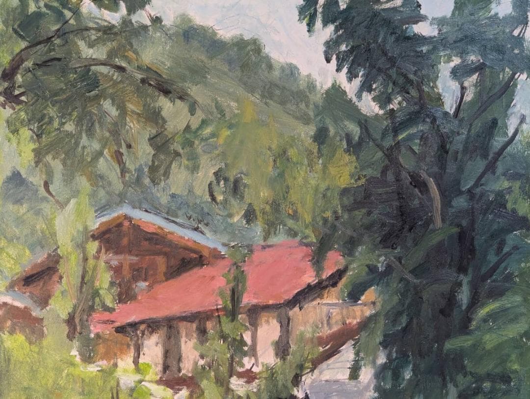 【真作】絵画　油彩8号　山里の赤屋根　緑豊かな風景　自然と暮らしの風景　Z44