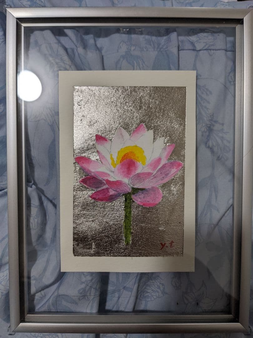超美品！原画　最高級プラチナ箔で蓮華の花　アクリル画　絵画