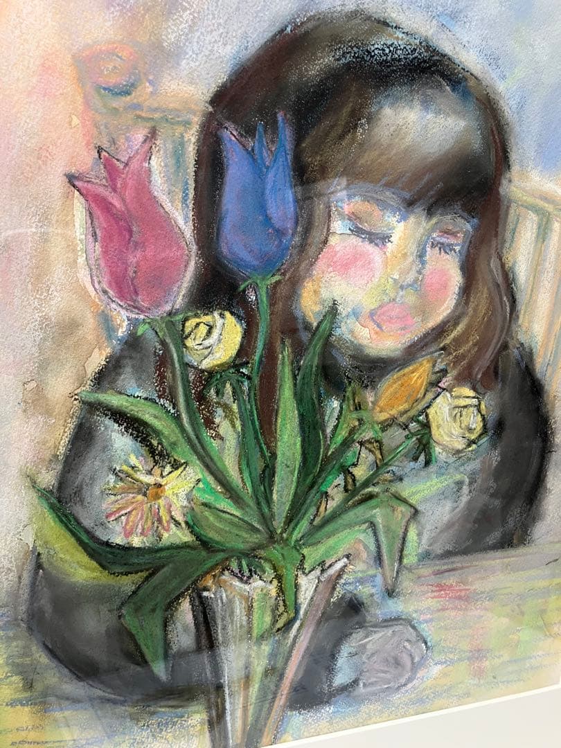 少女と花のパステル画三々サイズアートインテリア