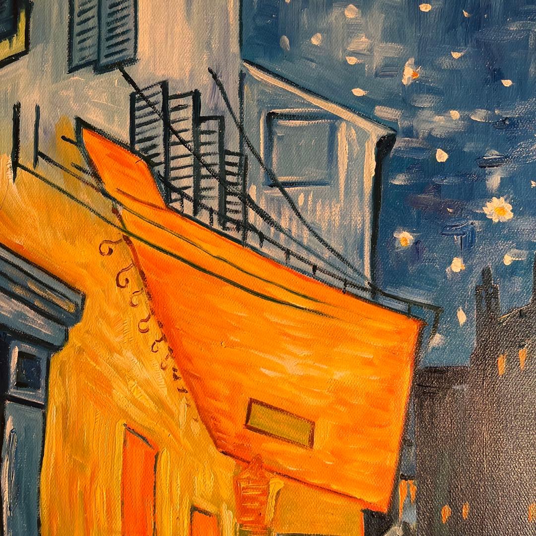 ★秀作★手書き油絵 ゴッホ 夜のカフェテラス 額付 肉筆絵画 インテリア 油彩画