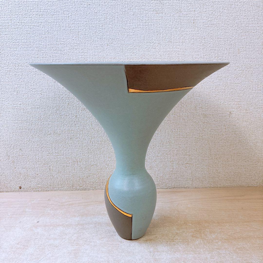弓*様 いけばな 花器 清水焼 重松花器店 フラワーベース ブルー 金彩 自宅保