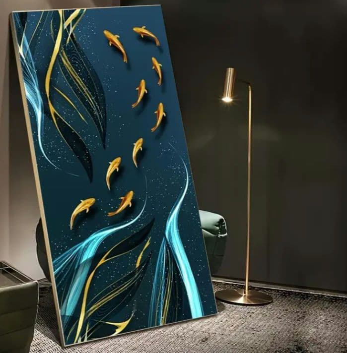 「黒と金の泳ぐ魚」 抽象画キャンバスアートフレーム無し120x60cm
