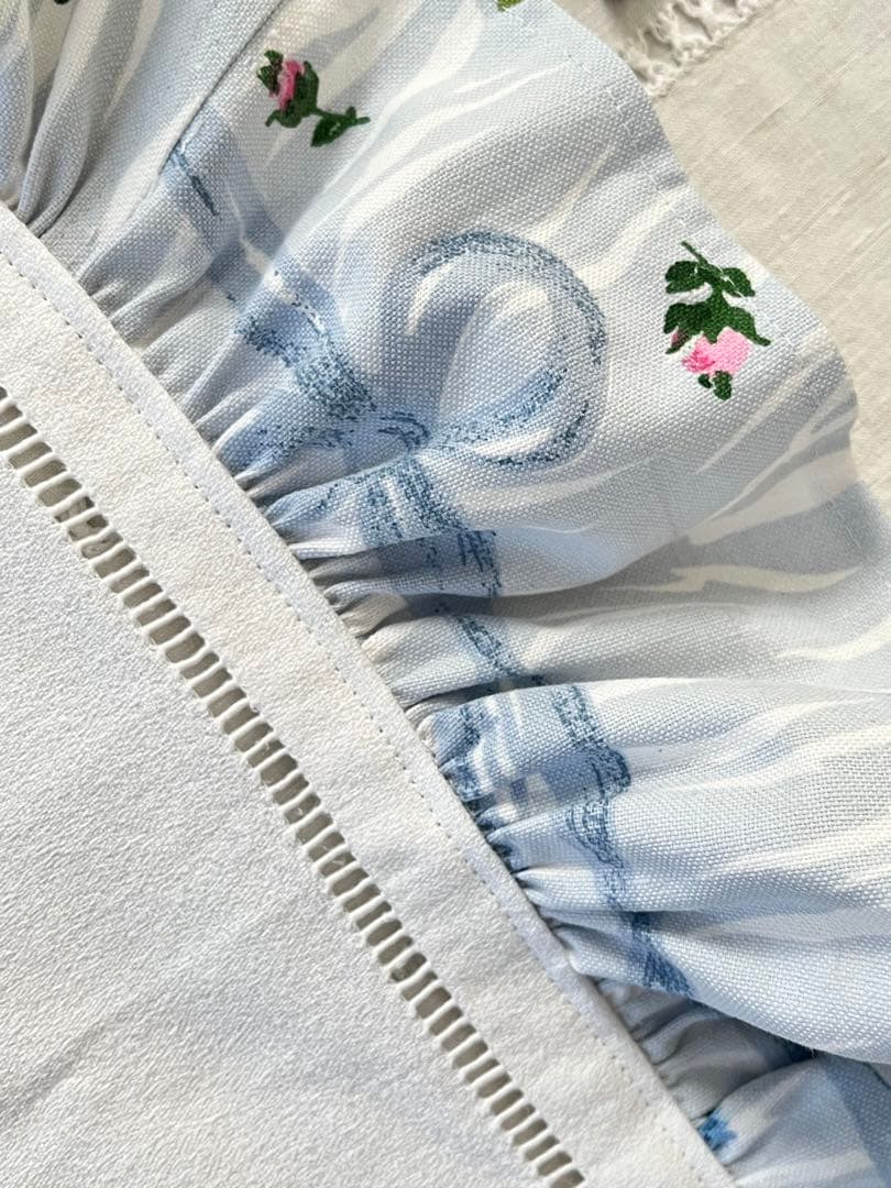 【美品】フランスアンティーク 手刺繍モノグラム テーブルクロス お花のフリル付