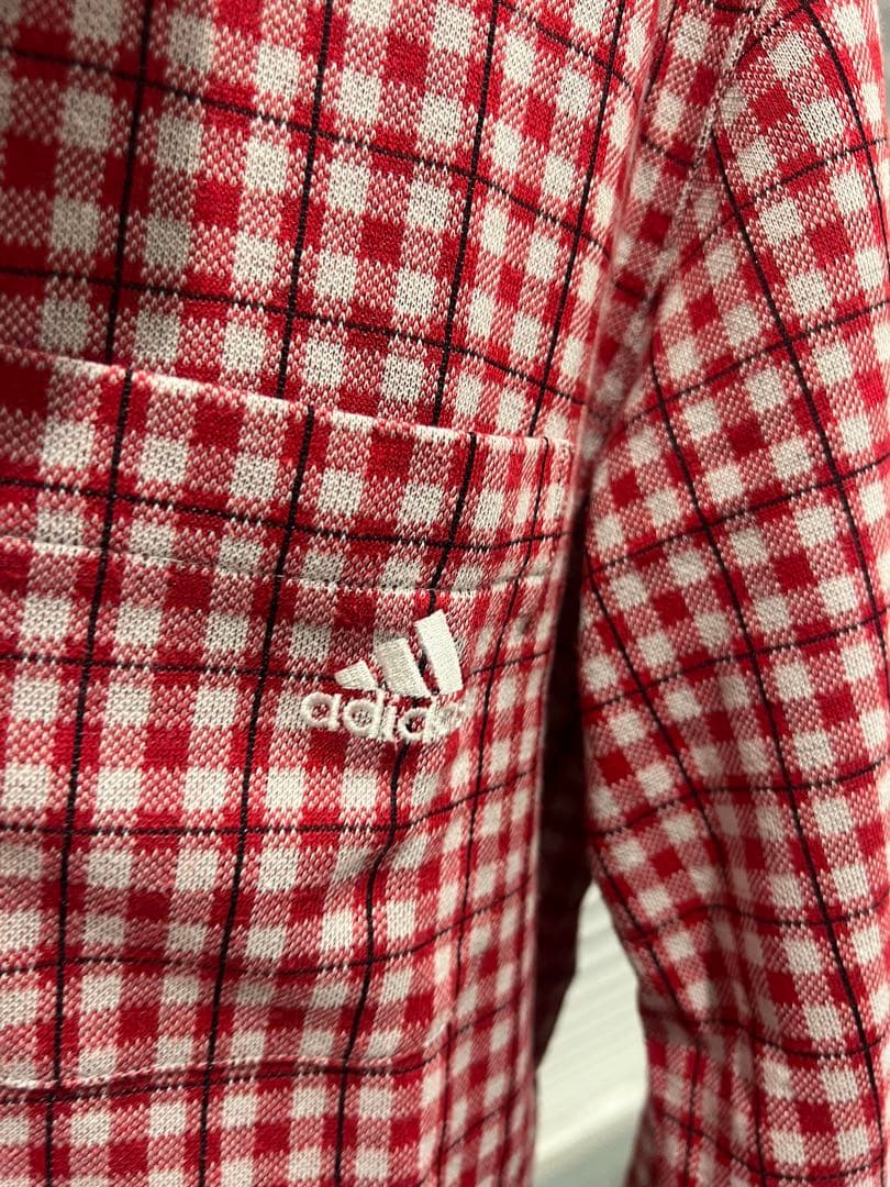 adidas 赤白チェック 長袖ポロシャツ　ゴルフシャツ