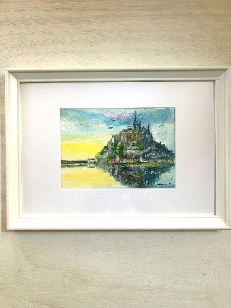 夜明けのモンサンミッシェル 水彩画　A4サイズ ホワイト額入り