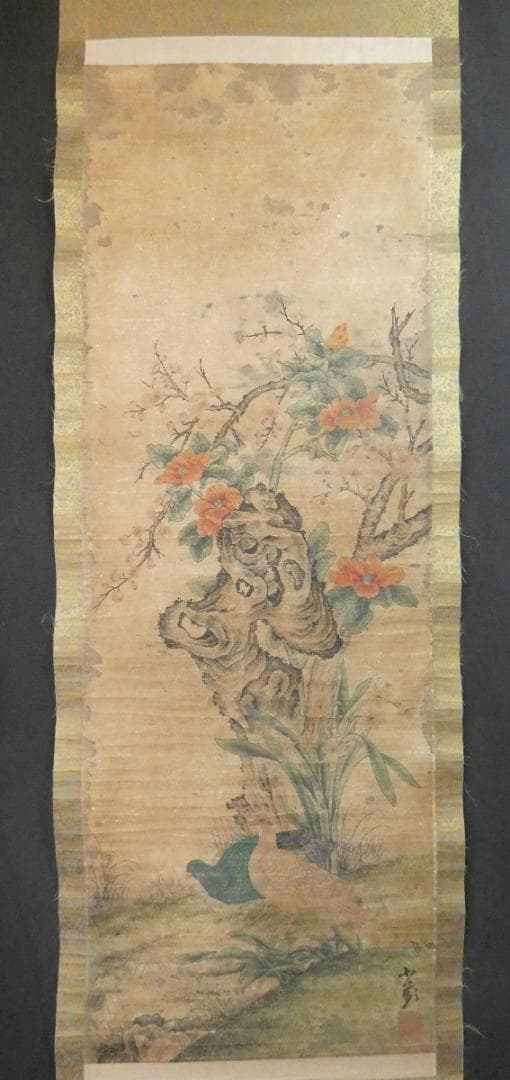 掛け軸 美品 【 野口小頻 】 花鳥　掛け軸　箱無し 紙本