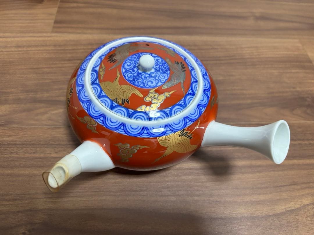 深川製磁　瑠璃彩磁　茶器揃　染錦手波鶴紋　赤絵金彩　美術有田焼
