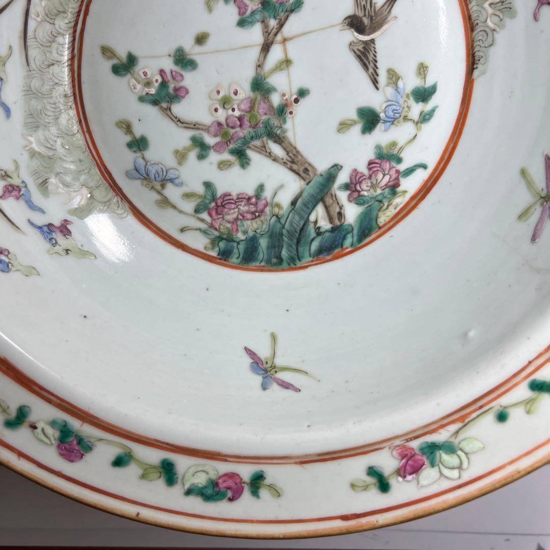 中国清時代　粉彩花鳥図大鉢　木箱付　口径約30㎝　東Y8-0408①トヒオ