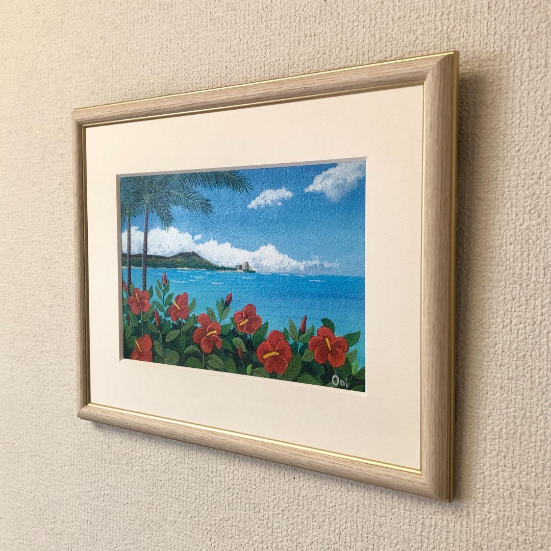 アクリル画　原画　「オアフの休日」額縁付　SMサイズ　風景画