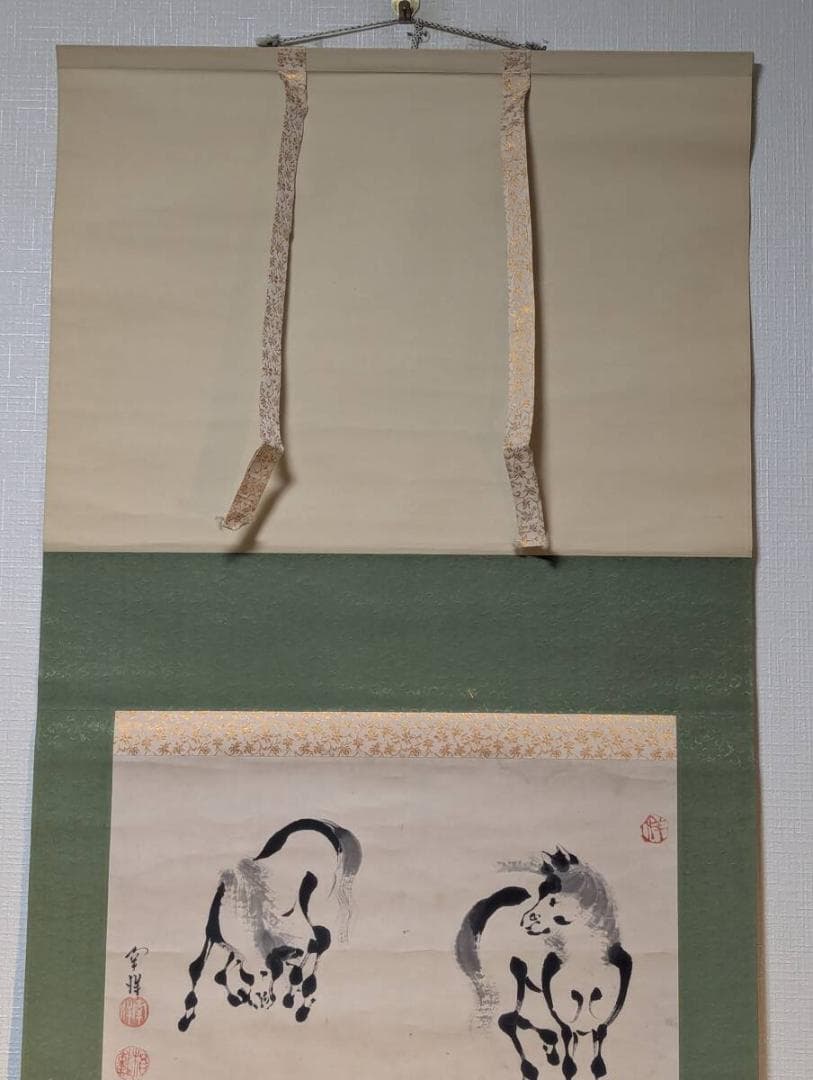 【真作】掛軸　双馬図　水墨画　日本画　気韻生動の筆致　駿馬図　V10