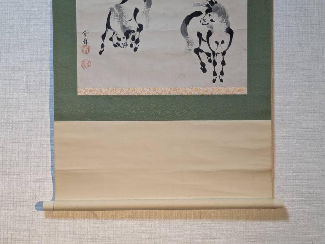 【真作】掛軸　双馬図　水墨画　日本画　気韻生動の筆致　駿馬図　V10