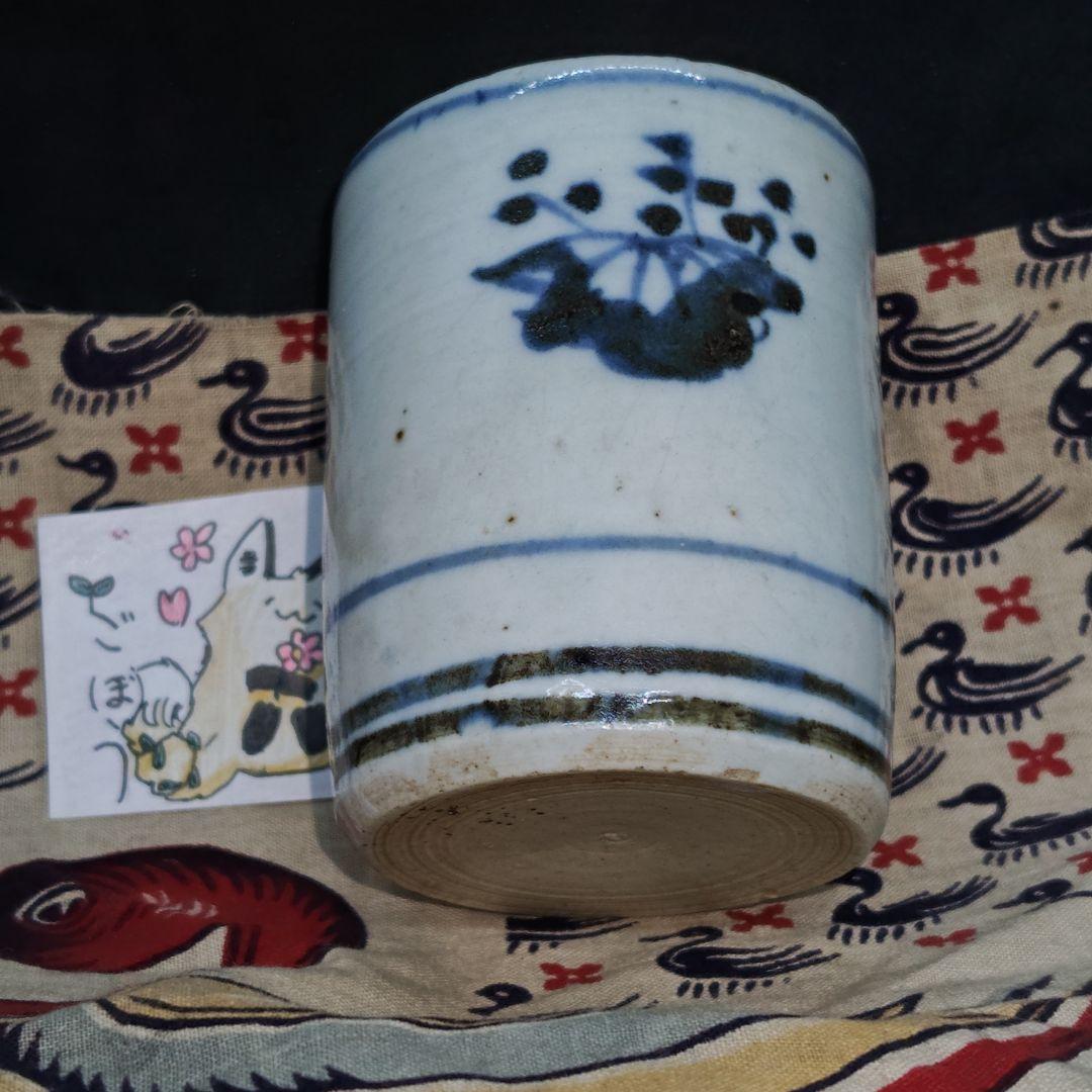 古伊万里、くらわんか手桐花文筒盃(元箱、水鳥文インド古更紗包布付)