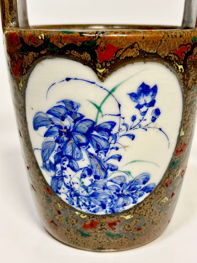 川本半助 明治瀬戸の名工 錆釉上絵手桶形花瓶 瀬戸焼