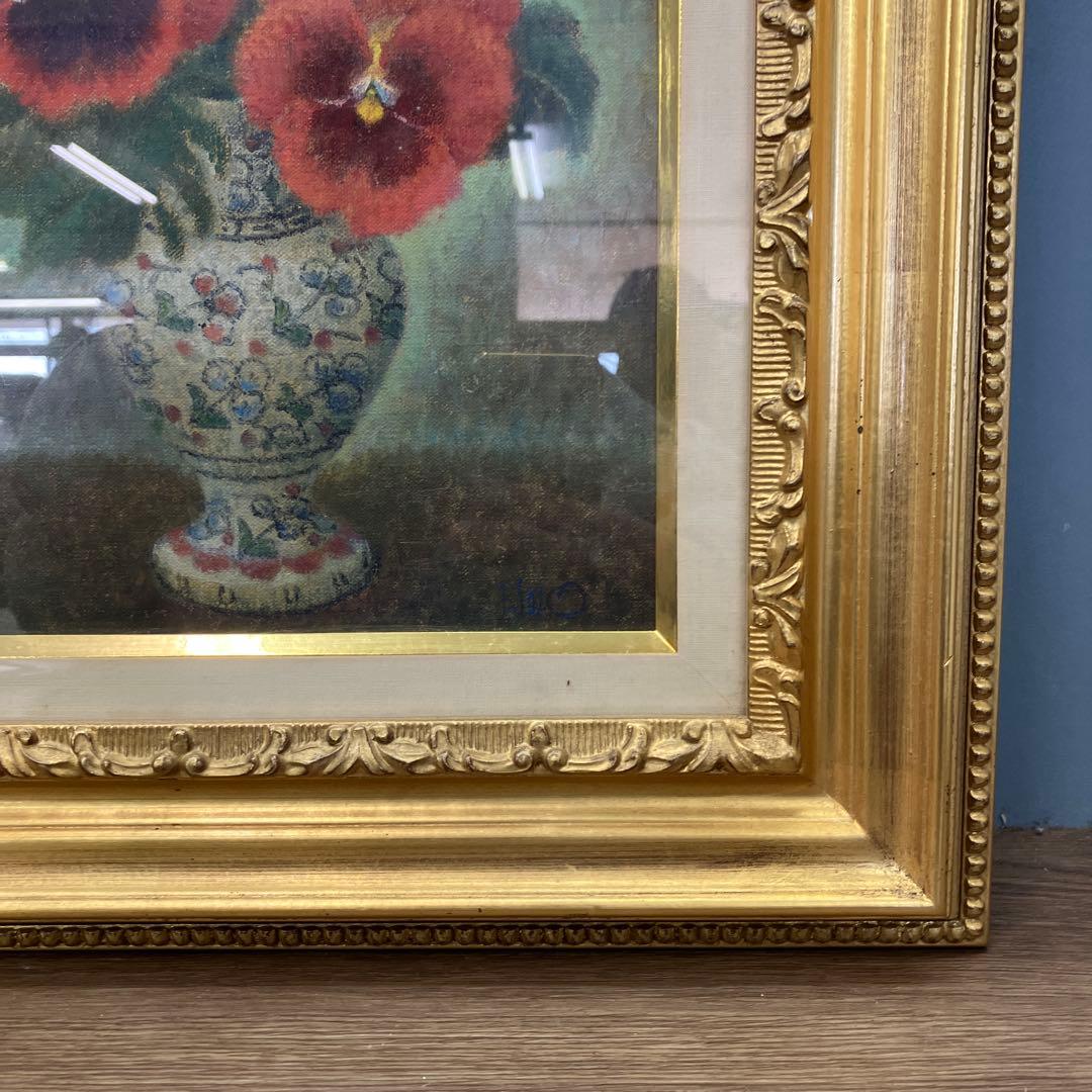 パンジー 静物画 油彩 額装 サイン有り 華やか 花 壺 壁掛け 立掛け