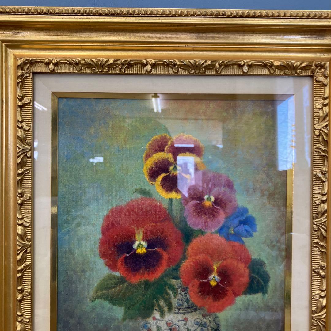 パンジー 静物画 油彩 額装 サイン有り 華やか 花 壺 壁掛け 立掛け